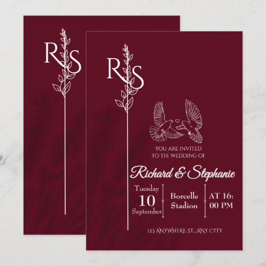 Minimalist Burgundy & White Birds Wedding Invite 招待状 (正面/裏面)