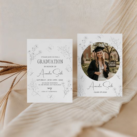 Minimalist Butterfly Floral Graduation Invite 招待状