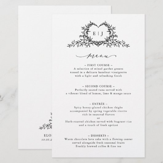 Minimalist Calligraphy Crest monogram Wedding Menu (正面/裏面)