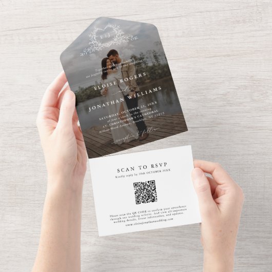 Minimalist Calligraphy monogram QR Code Photo オールインワン招待状 (貼ってはがせる)