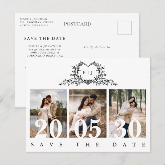 Minimalist Calligraphy monogram Save the Date ポストカード (正面/裏面)