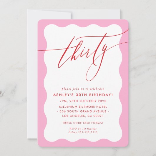 MINIMALIST Calligraphy wave 30th party pink red 招待状 (正面)