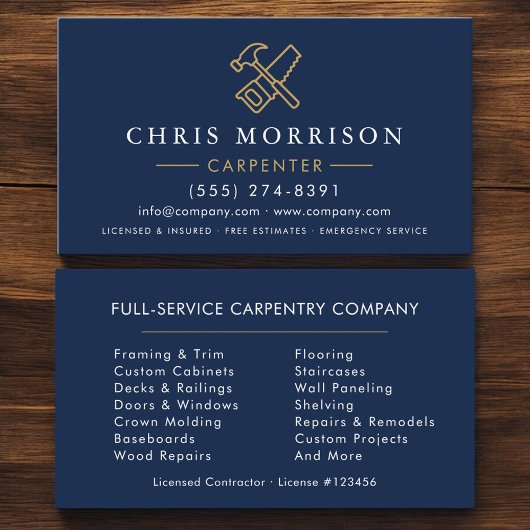 Minimalist Carpenter Navy Blue Gold Modern 名刺