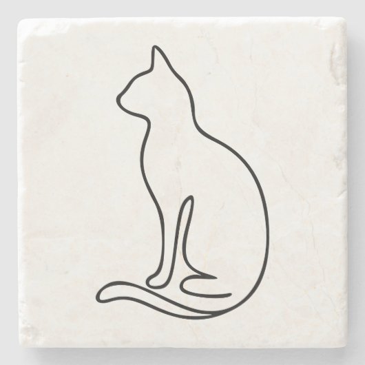 Minimalist Cat Line Art – Black Outline Silhouette ストーンコースター (正面)