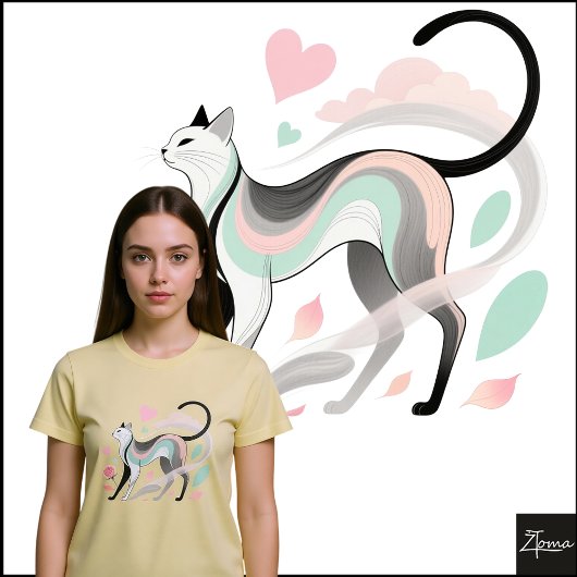 Minimalist Cat Pastel Rose Heart Sketch Tシャツ