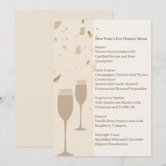 Minimalist Champagne Party Menu | Elegant Beige 招待状 (正面/裏面)
