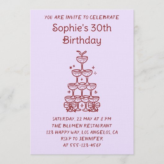 Minimalist Champagne Tower 30th Birthday Party 招待状 (正面)