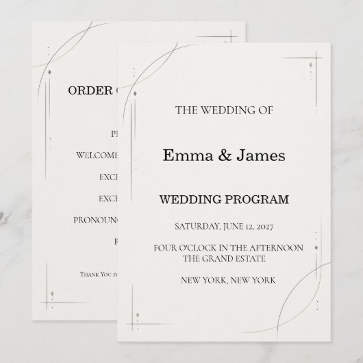 Minimalist Charcoal Line Wedding Ceremony Program プログラム (正面/裏面)