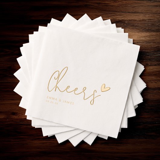 Minimalist “Cheers” Wedding Gold Heart Custom Name 箔ナプキン