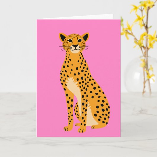 Minimalist Cheetah on Pink カード (黄色い花)