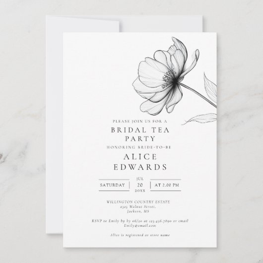 Minimalist Chic Floral Bridal Shower Tea Party 招待状 (正面)