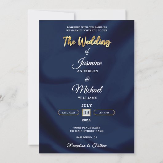 Minimalist Chic Navy & Gold Script Wedding Elegant 招待状 (正面)