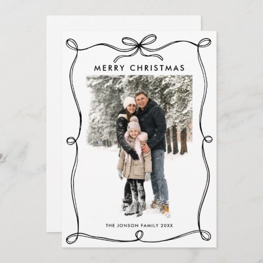 Minimalist Christmas Boho Black Bow Ribbon 2 Photo シーズンカード (正面/裏面)