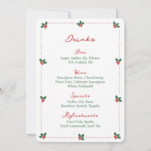 Minimalist Christmas Holly Drink Bar Menu Sign  (正面)