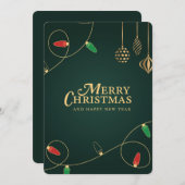 Minimalist Christmas Lights & Gold Ornaments シーズンカード (正面/裏面)