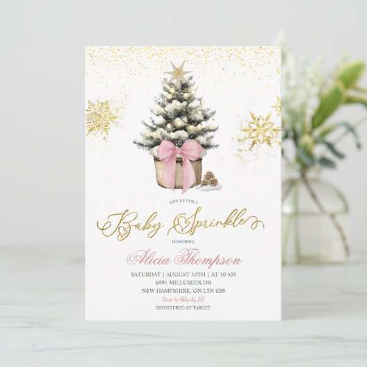 Minimalist Christmas Pink Coquette Baby Sprinkle 招待状 (スタンド正面)