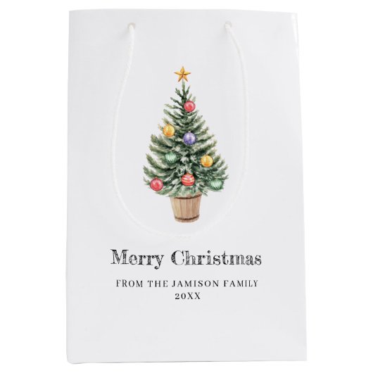 Minimalist Christmas Tree  Family Name Year  ミディアムペーパーバッグ (正面)