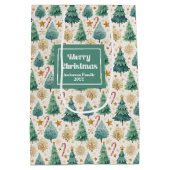 Minimalist Christmas trees name gift bag red gold ミディアムペーパーバッグ (裏面)