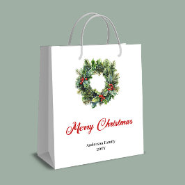 Minimalist Christmas wreath gift bag red green  ミディアムペーパーバッグ