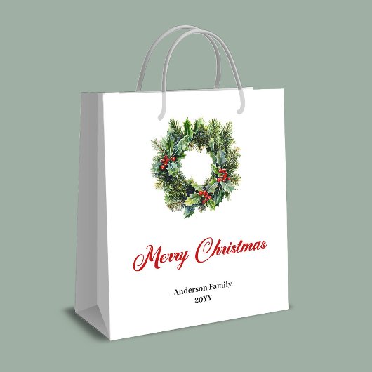 Minimalist Christmas wreath gift bag red green  ミディアムペーパーバッグ