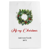 Minimalist Christmas wreath gift bag red green  ミディアムペーパーバッグ (正面)