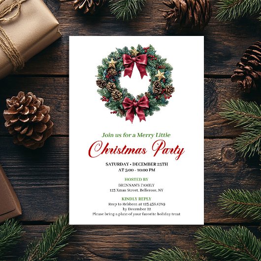 Minimalist Christmas Wreath Party Invitation 招待状