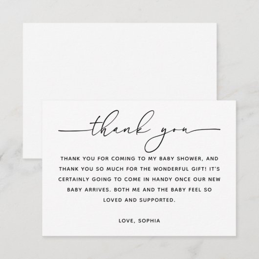 Minimalist Classic Baby Shower | Modern Script サンキューカード (正面/裏面)