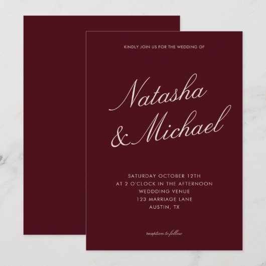 Minimalist Classy Burgundy Wedding 招待状 (正面/裏面)
