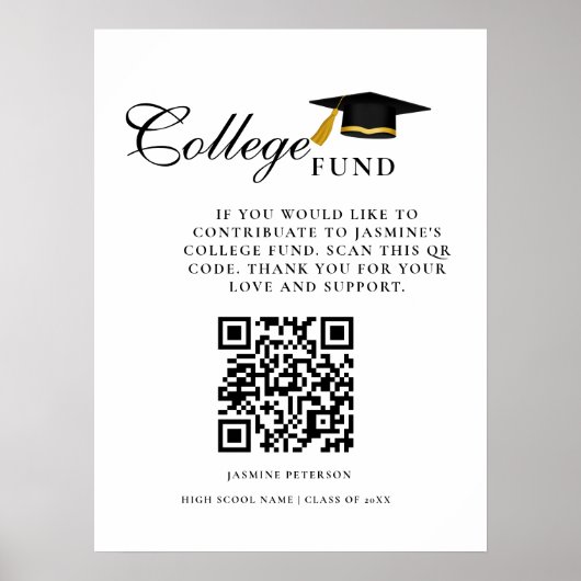 Minimalist College Fund QR Code Sign Graduation ポスター (正面)