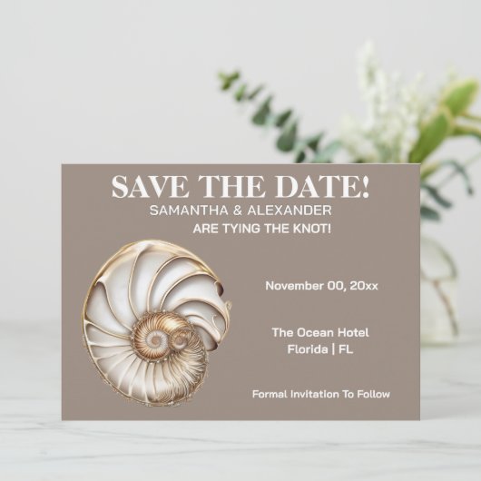 Minimalist Conch Shell Save The Date Card 招待状 (スタンド正面)