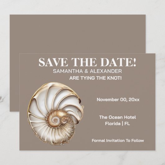 Minimalist Conch Shell Save The Date Card 招待状 (正面/裏面)