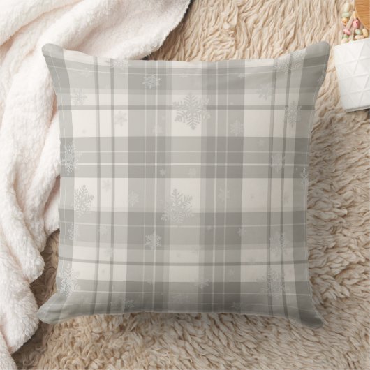 Minimalist Cool Gray Snowflake Plaid Throw Pillow クッション (ブランケット)