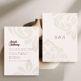 Minimalist Cream Burgundy Elegant Damask Wedding 招待状