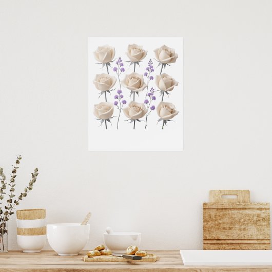 Minimalist Cream Rose Floral Drawing ポスター (キッチン)