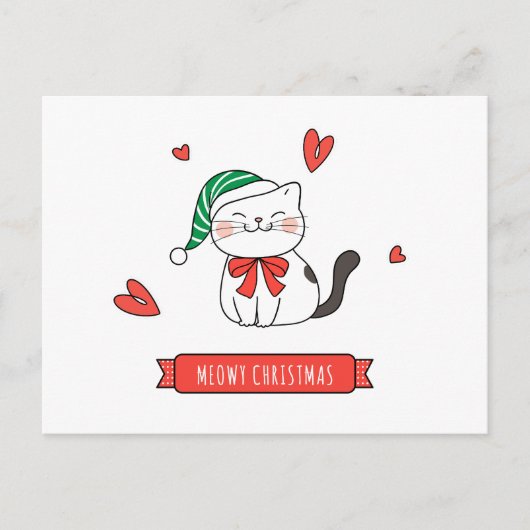 Minimalist Cute Santa Kitty Cat Meowy Christmas  シーズンポストカード (正面)