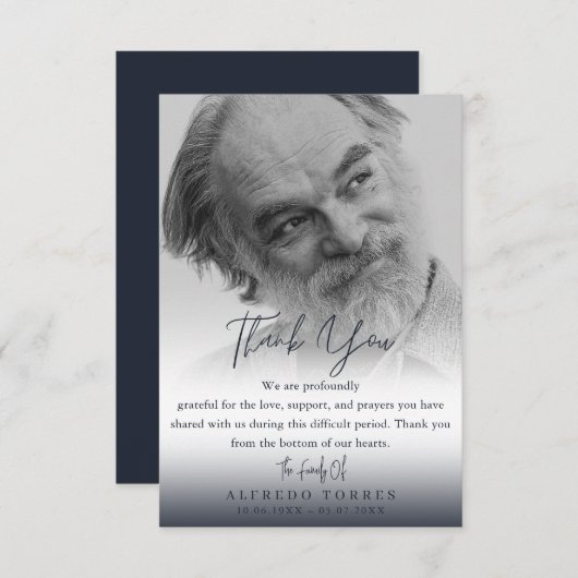 Minimalist Dark Blue Photo Funeral Sympathy  サンキューカード (正面/裏面)