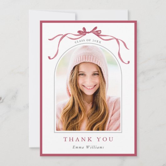 Minimalist Deep Blush Bow Graduation Photo サンキューカード (正面)