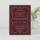 Minimalist Deep Burgundy Gold Line Art Wedding 招待状 (スタンド正面)