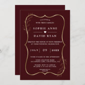 Minimalist Deep Burgundy Gold Line Art Wedding 招待状 (正面/裏面)