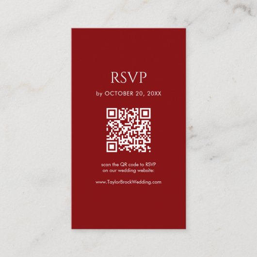 Minimalist Deep Red Wedding RSVP QR Code エンクロージャーカード (正面)