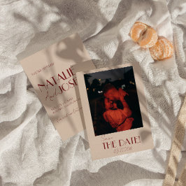 Minimalist Deep Red Whimsical Retro Photo Wedding セーブザデート