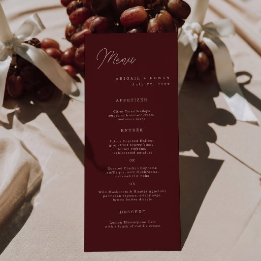 Minimalist Deep Wine Long Wedding Menu Card 招待状