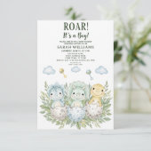minimalist Dinosaur Baby Shower party boy Roar 招待状 (スタンド正面)