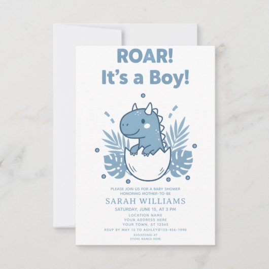 minimalist Dinosaur Baby Shower party boy Roar 招待状 (正面)