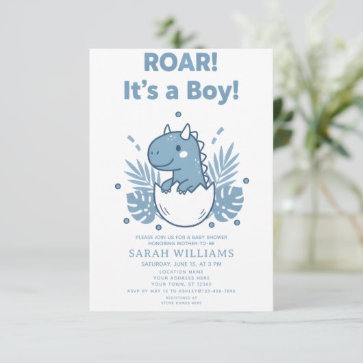 minimalist Dinosaur Baby Shower party boy Roar 招待状 (スタンド正面)