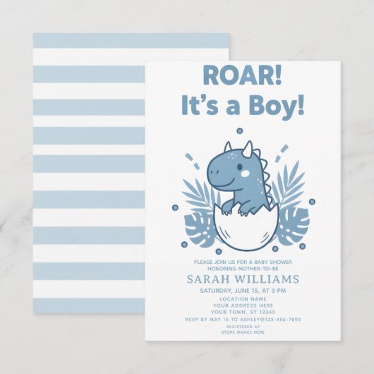 minimalist Dinosaur Baby Shower party boy Roar 招待状 (正面/裏面)
