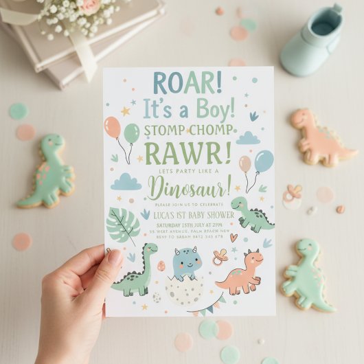 minimalist Dinosaur Baby Shower party boy Roar 招待状