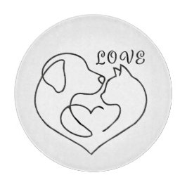Minimalist Dog and Cat Heart - One Line Art Design カッティングボード
