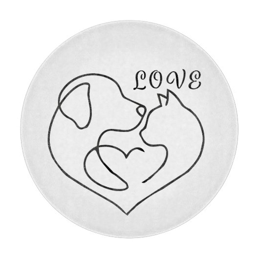 Minimalist Dog and Cat Heart - One Line Art Design カッティングボード (正面)