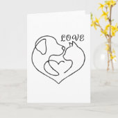 Minimalist Dog and Cat Heart - One Line Art Design カード (黄色い花)